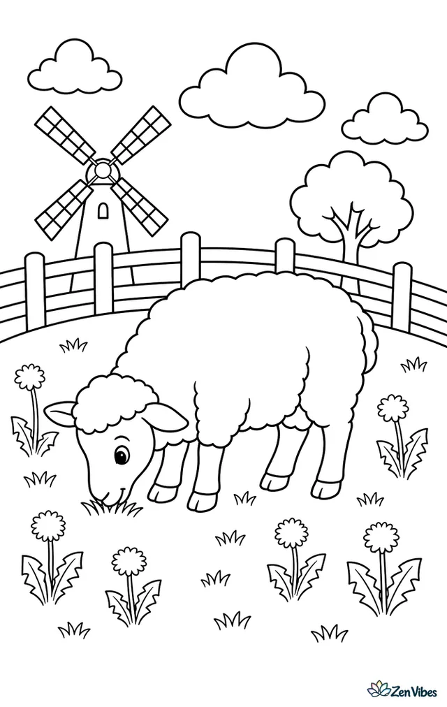 A Cheviot ewe grazes on a hillside pasture dotted with dandelions, while a wooden fence curves behind her and a windmill, a small tree, and layered clouds fill the background.