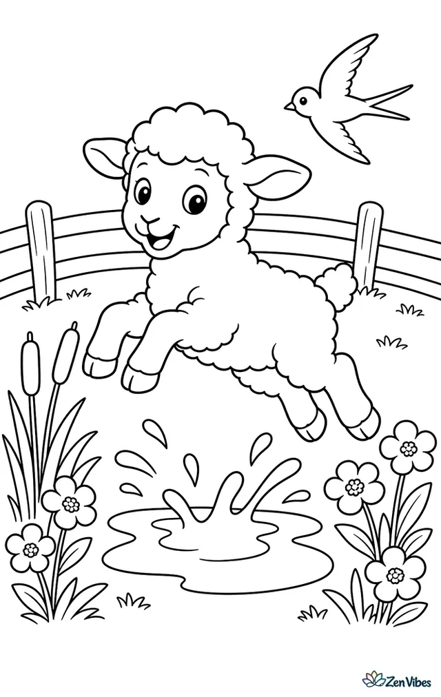 A Romney lamb leaps over a shallow puddle in a spring meadow, splashing beside buttercups and cattails, with a split-rail fence, gentle hill, and fluttering swallow nearby.