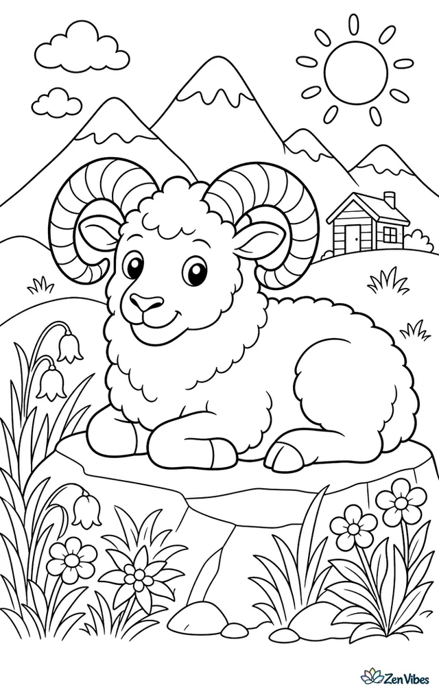 An Icelandic ram lies on a flat rock near a mountain pasture, curly horns framed by wild grasses, alpine flowers, a tiny cabin, and distant peaks under a bright sun.