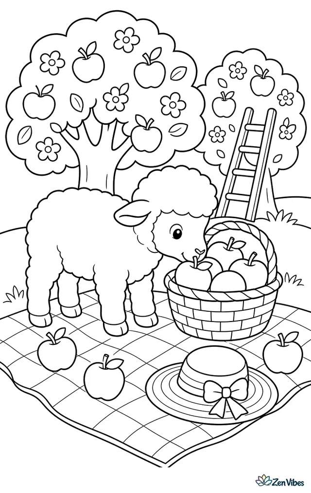 A Babydoll Southdown sheep explores a picnic blanket in an orchard, sniffing an apple basket while scattered apples, a ladder, blooming trees, and a woven hat create a playful scene.