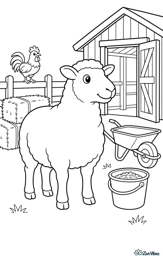 A Texel ewe stands in a tidy barnyard beside stacked hay bales, looking toward an open stable door, with a wheelbarrow, grain bucket, fence, and rooster nearby.