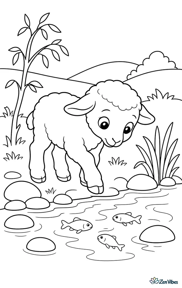 A Katahdin lamb steps along a shallow stream bank, peering at minnows in the water while smooth stones, reeds, a willow sapling, and rolling pasture stretch around it.