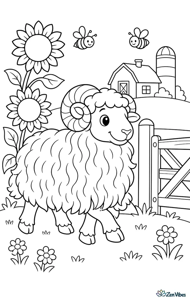 A Cotswold ram with long wool strolls through a summer meadow, passing tall sunflowers, buzzing bees, and a wooden gate, while a farmhouse and silo sit in the distance.