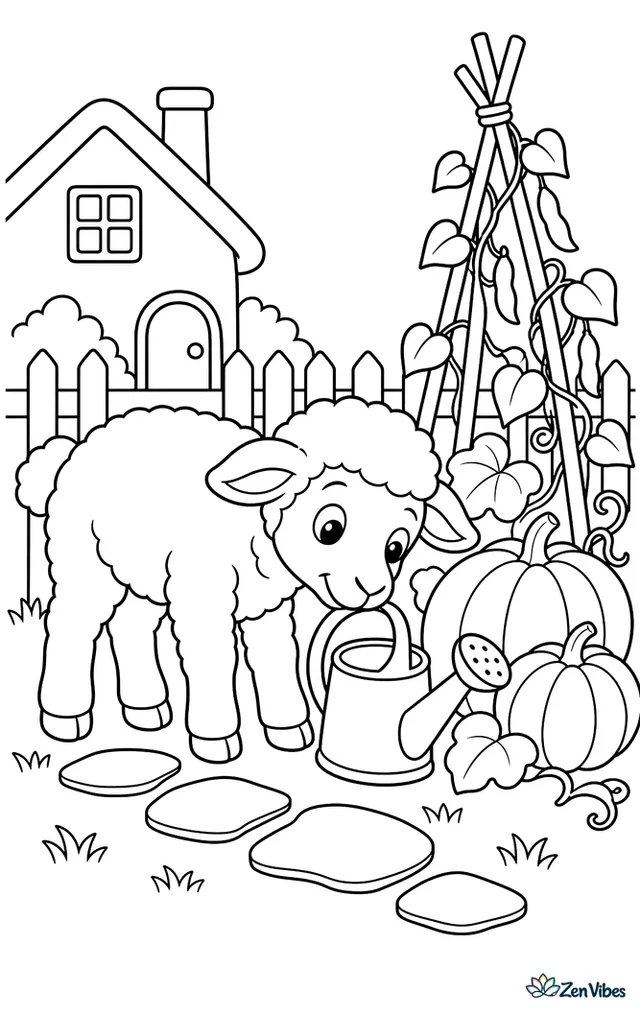 A Shropshire lamb wanders near a cottage vegetable garden, nosing a watering can beside pumpkins, bean poles, stepping stones, and a picket fence under a clear sky.