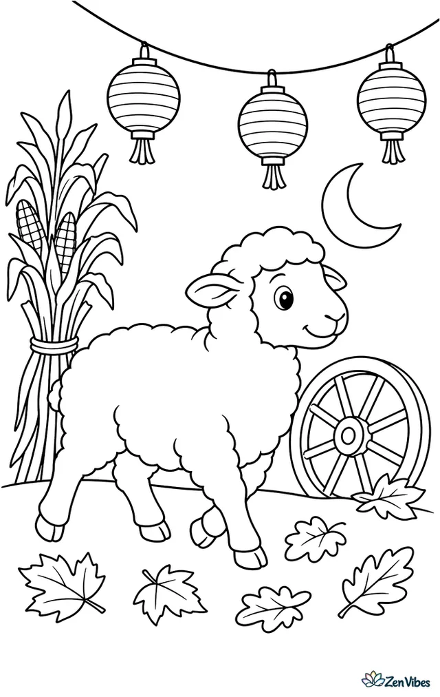 A Corriedale ewe walks through a harvest field decorated with hanging paper lanterns, with corn shocks, fallen leaves, a wagon wheel, and a crescent moon creating a calm evening scene.