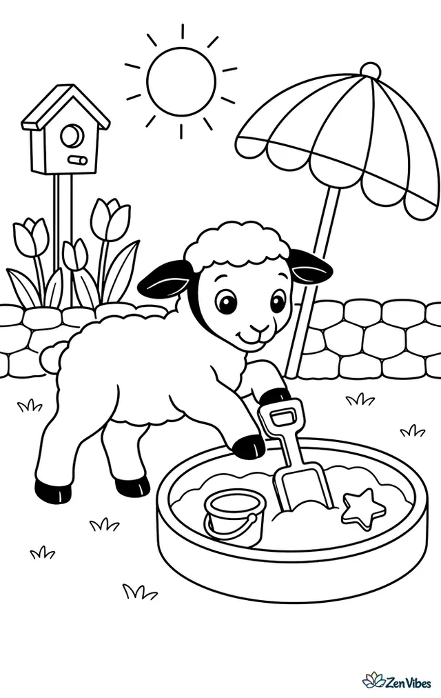 A Dorper lamb plays beside a sandbox in a sunny yard, nudging a toy shovel while tulips, a low stone wall, a birdhouse, and a striped umbrella frame the scene.