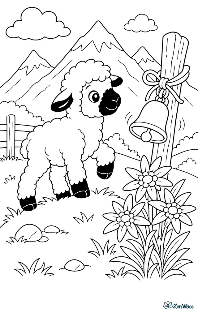 A Valais Blacknose lamb balances on a grassy alpine mound, facing edelweiss blooms and a ringing bell tied to a post, with snowy peaks and drifting clouds behind.