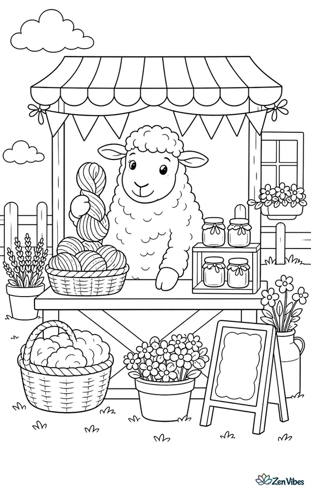 A Wensleydale sheep stands at a country market stall decorated with wool skeins and jars of honey, while baskets, bunting, flower pots, and a chalkboard sign fill the scene.