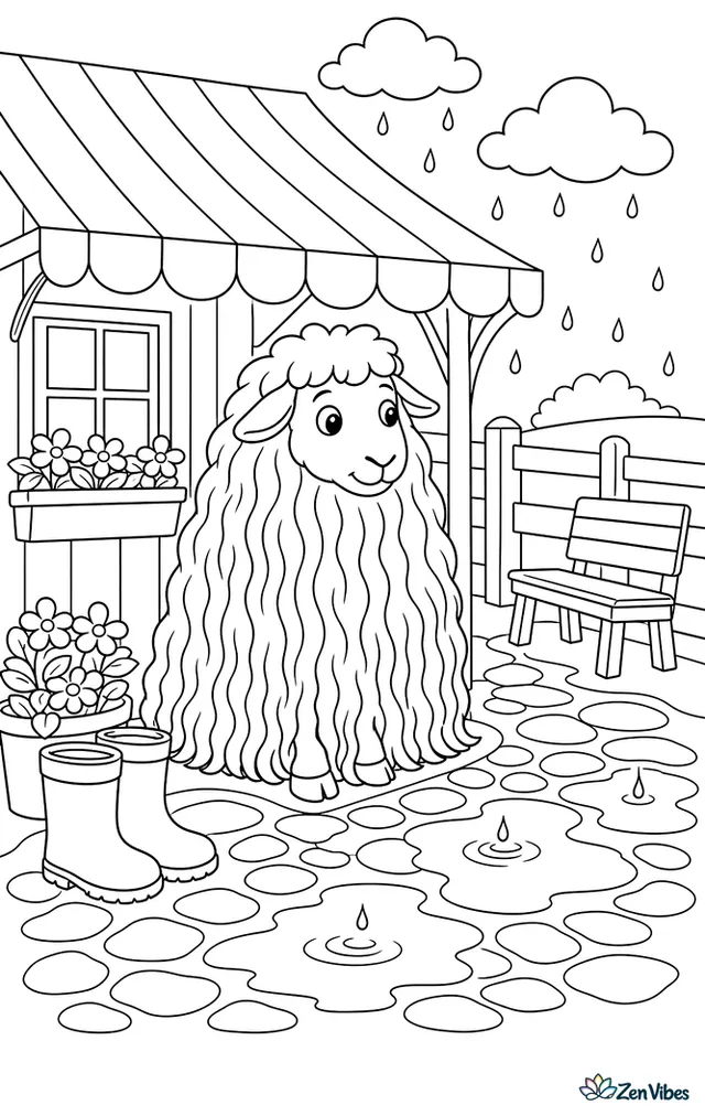 A Lincoln Longwool sheep shelters beneath a striped awning during a light rain, watching puddles form near rain boots, flower boxes, a bench, and a cobbled farm lane.