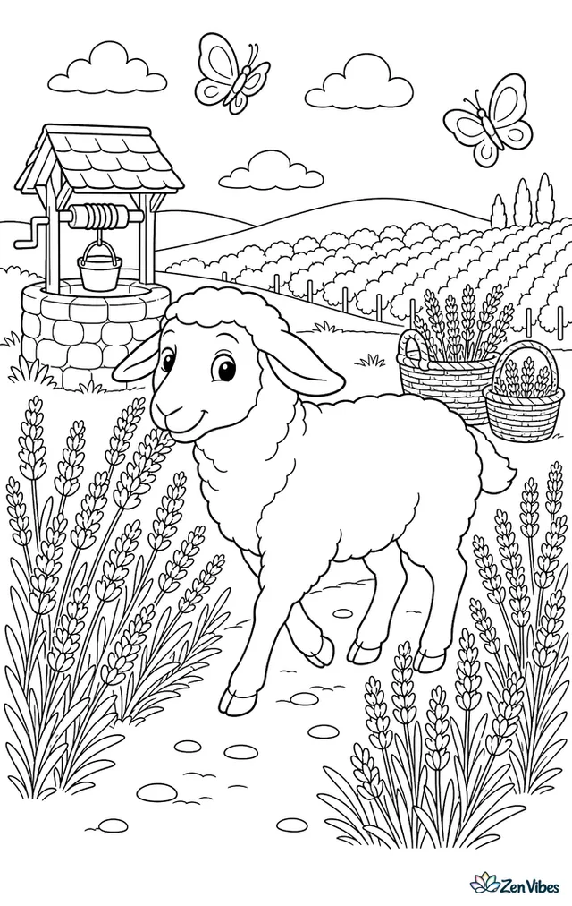 A Tunis ewe strolls through neat rows of lavender, brushing fragrant blooms while butterflies drift above wicker baskets, a stone well, and distant vineyard hills.