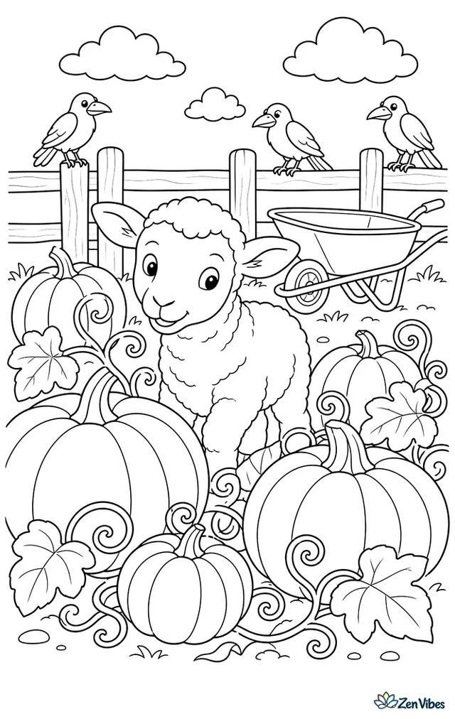 A Border Leicester lamb explores a pumpkin patch, peeking between large pumpkins and curling vines as crows perch harmlessly on fence rails and a red wheelbarrow rests nearby.