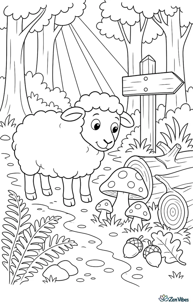 A Clun Forest sheep stands beside a forest trail, looking at mushrooms near fallen logs, with ferns, acorns, a wooden signpost, and shafts of sunlight through tall trees.