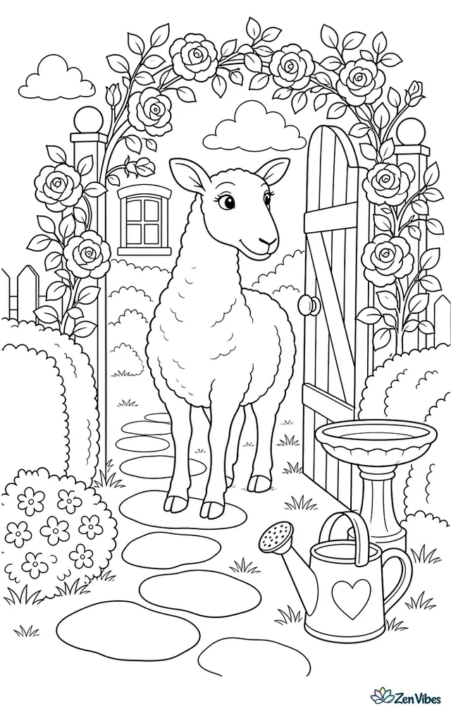 A Bluefaced Leicester ewe pauses at an open garden gate covered in climbing roses, with stepping stones, a birdbath, trimmed hedges, and a watering jug arranged around her.