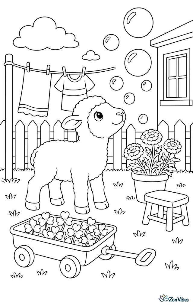 A Southdown lamb watches soap bubbles floating across a backyard lawn, with a clothesline, potted marigolds, a small stool, and a wagon full of clover nearby.