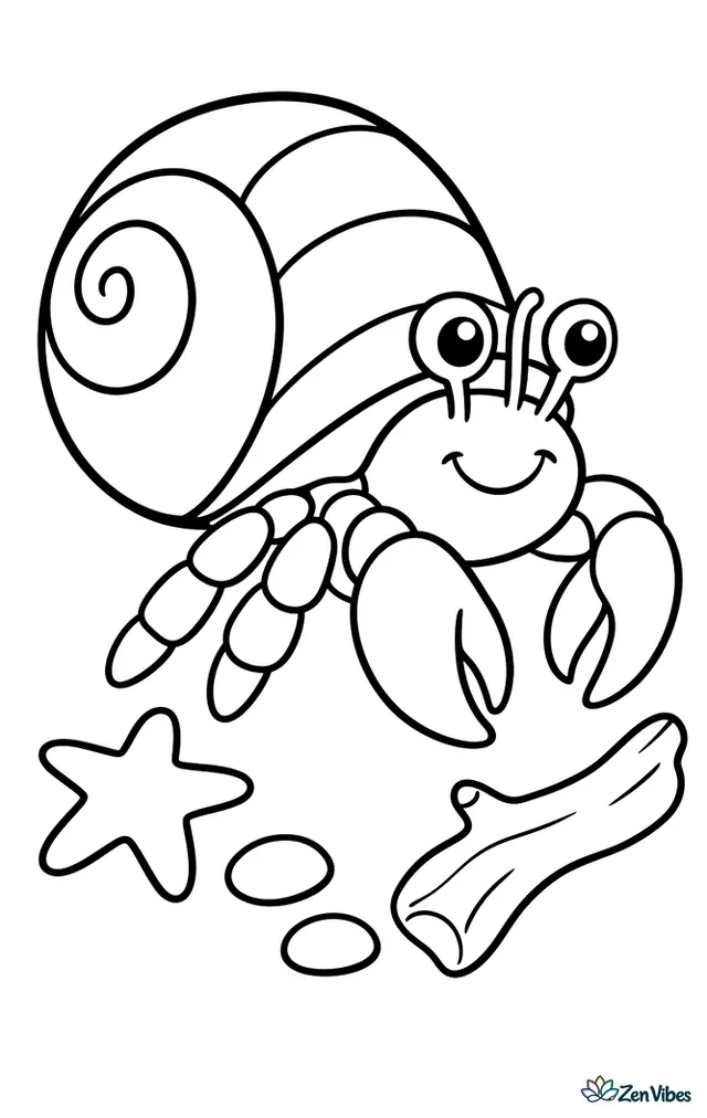 A Caribbean hermit crab walks across smooth beach sand carrying a spiral shell home, passing a starfish, two pebbles, and a curved piece of driftwood near the shoreline.