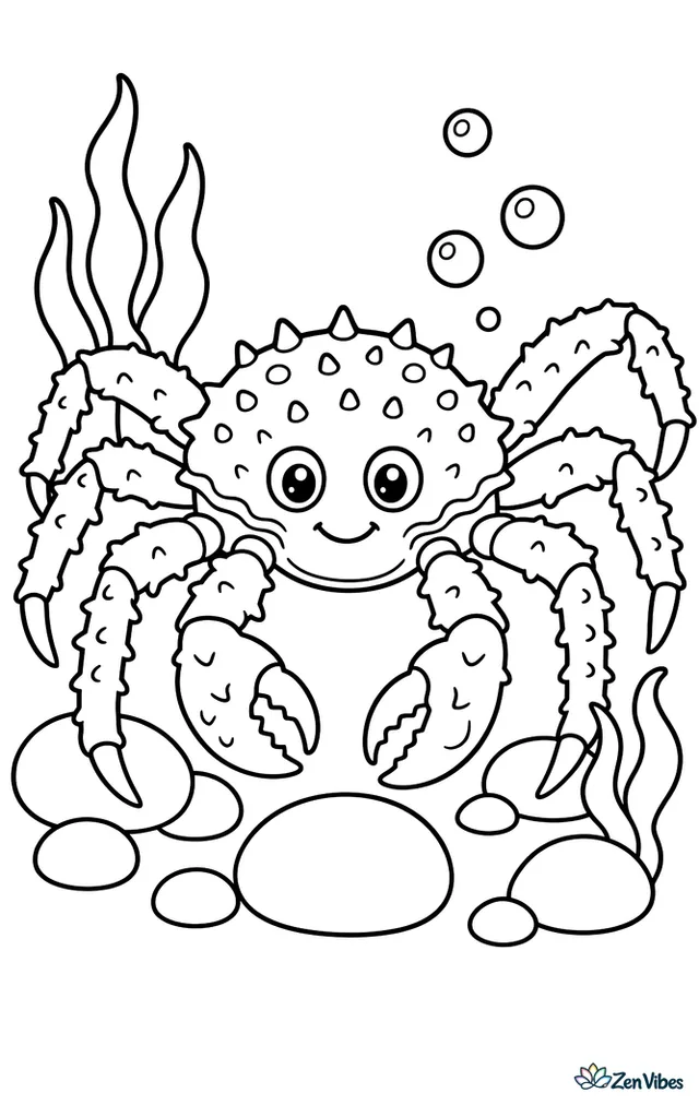 A red king crab sits on the ocean floor among rounded rocks, simple kelp leaves, and a few bubbles, with its spiny legs spread wide in a calm underwater scene.