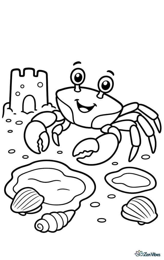 An Atlantic ghost crab scurries sideways along wet sand beside shallow tide pools, with a small sand castle, scattered shells, and gentle wave lines behind it.