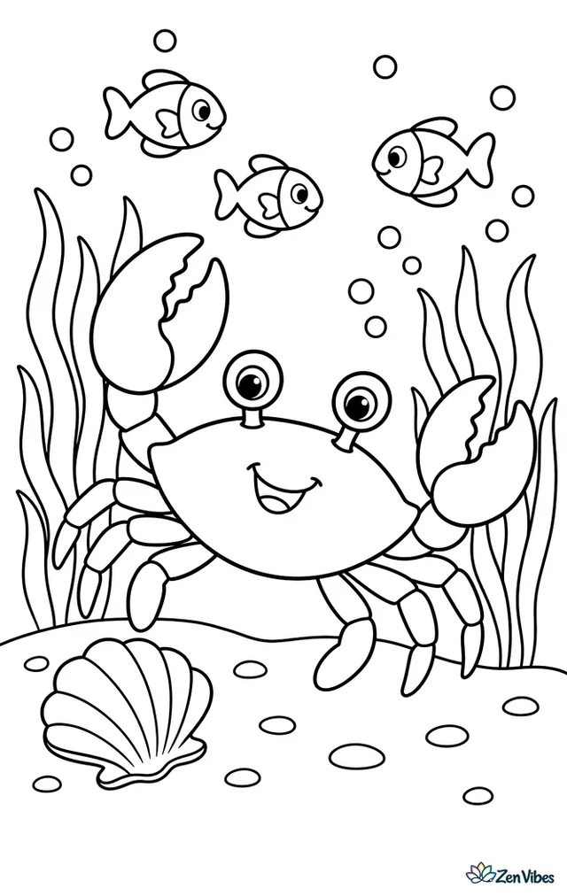 A blue crab moves through underwater seagrass near a sandy bay bottom, with three small fish, a clam shell, and rising bubbles creating a simple coastal scene.