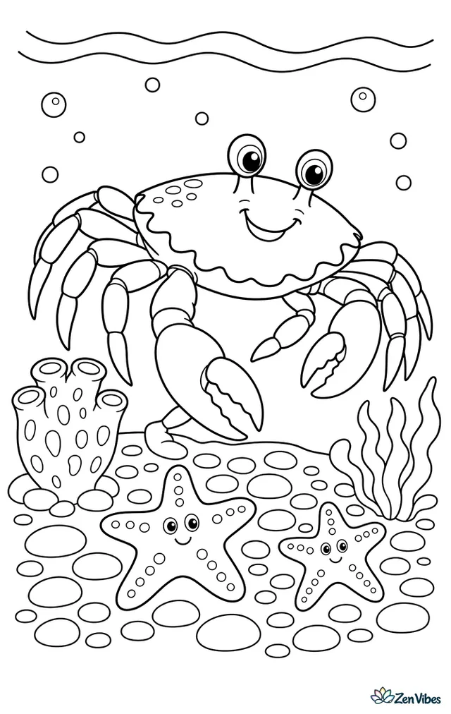 A snow crab carefully steps across a pebbly seafloor, passing a sea sponge, two sea stars, and short kelp fronds beneath curved water lines and drifting bubbles.