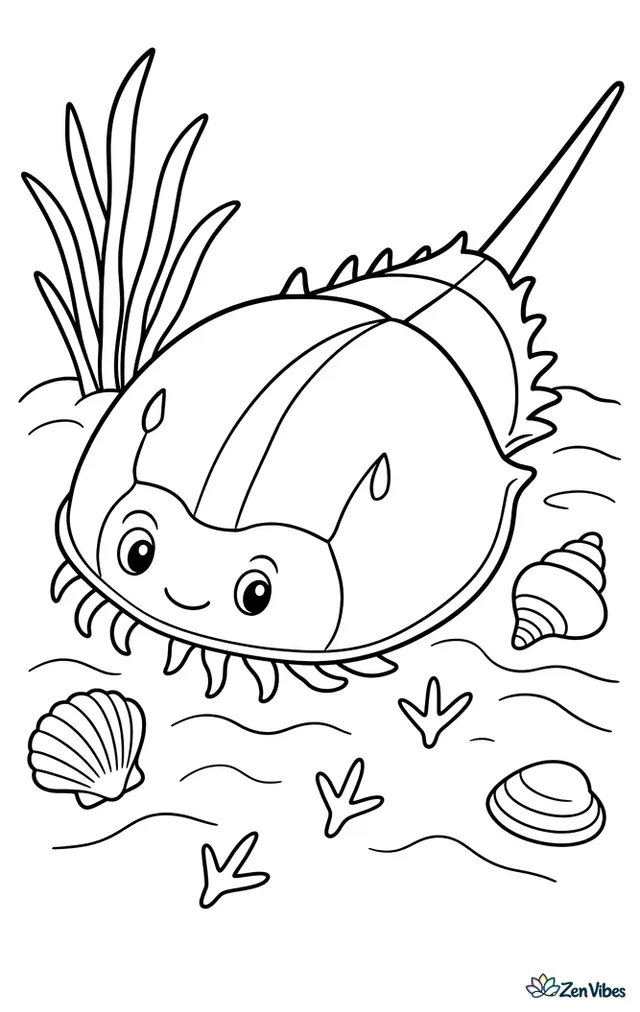 A horseshoe crab crawls near the edge of a quiet shore, with shorebird footprints, eelgrass, scattered shells, and soft ripples in the sand around its domed shell.