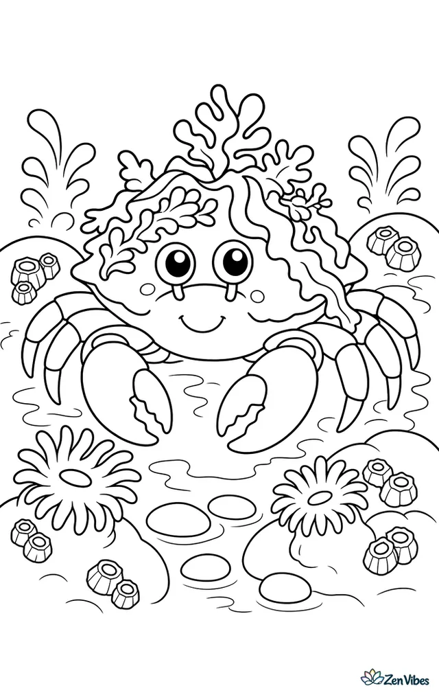 A decorator crab carries bits of seaweed on its shell while exploring a rocky tide pool filled with anemones, barnacles, rounded stones, and little wave splashes.