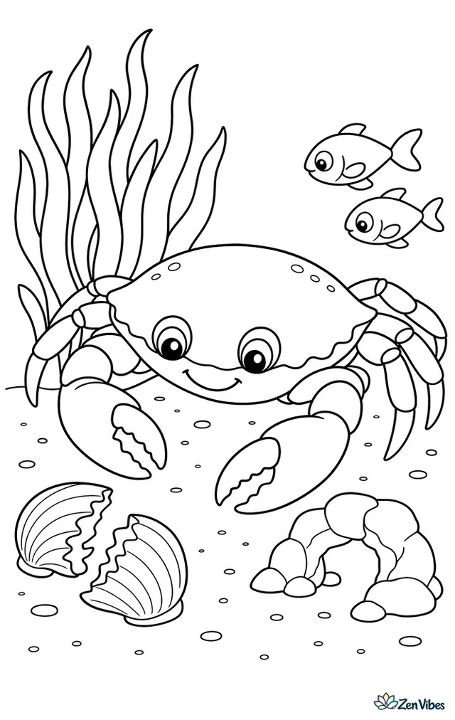 A Dungeness crab searches the sandy seabed for food near a clump of eelgrass, a broken shell, a small rock arch, and a pair of curious minnows.
