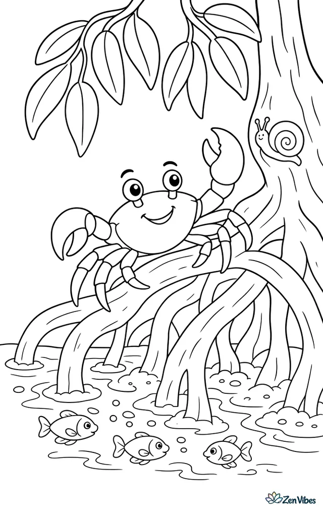 A mangrove tree crab climbs twisted mangrove roots above shallow water, surrounded by hanging leaves, mud, a snail on bark, and tiny fish below the roots.