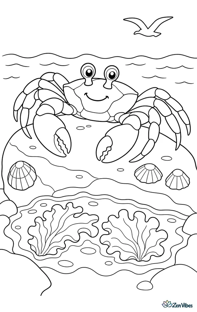 A Sally Lightfoot crab basks on a warm coastal rock, with tide pool water, limpets, sea lettuce, and a distant gull silhouette over calm ocean waves.