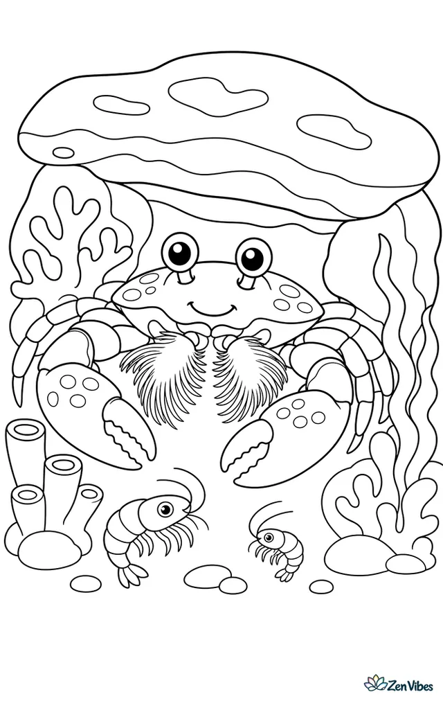 A porcelain crab sits under a rocky ledge and spreads its feathery mouthparts to feed, while coral pieces, algae, and tiny shrimp fill the sheltered nook.