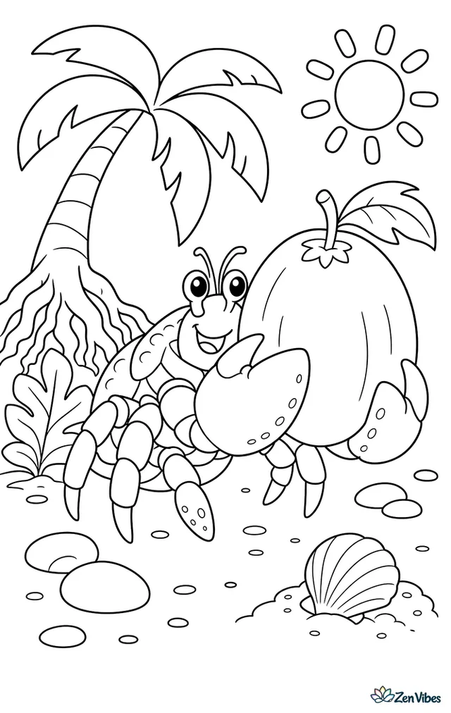 A coconut crab carries a fallen tropical fruit across island sand, passing palm roots, broad leaves, smooth stones, and a half-buried shell beneath a sunny sky.
