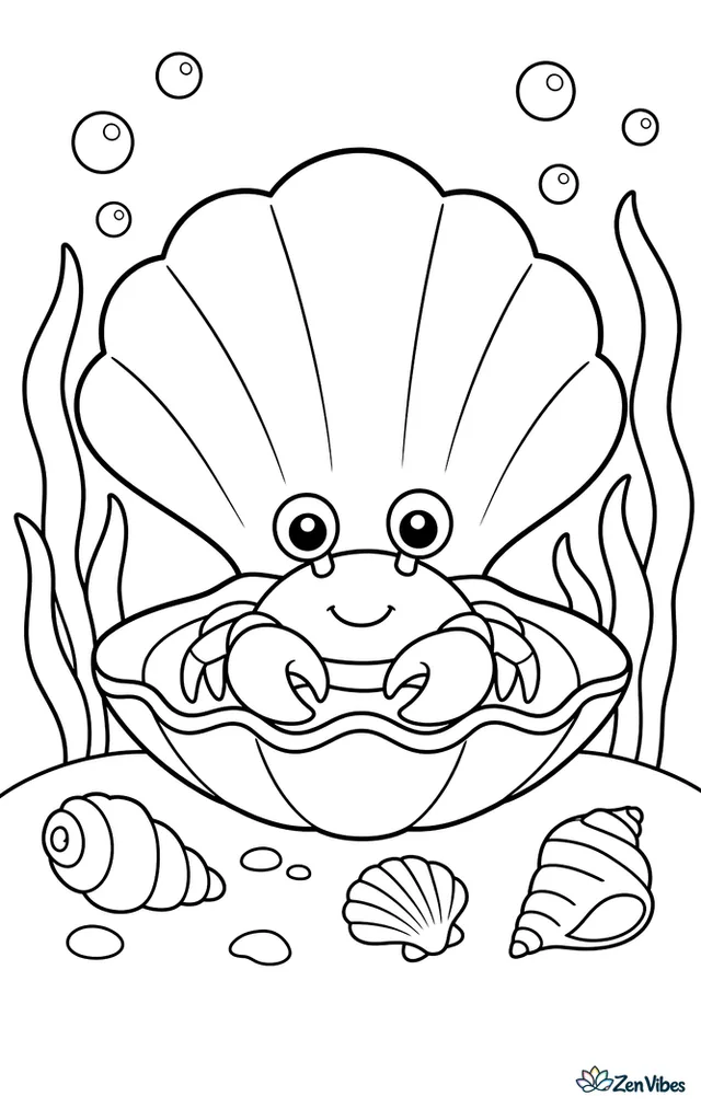 A pea crab peeks from inside an open clam shell on the seafloor, with pearl-like bubbles, waving seagrass, and a few tiny shells scattered nearby.