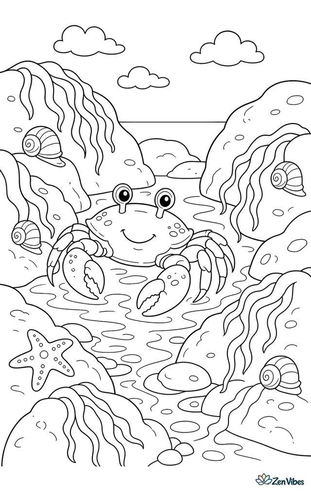 An Atlantic rock crab explores a tide pool between seaweed-covered stones, while periwinkle snails cling to the rocks and small ripples reflect the sky above.