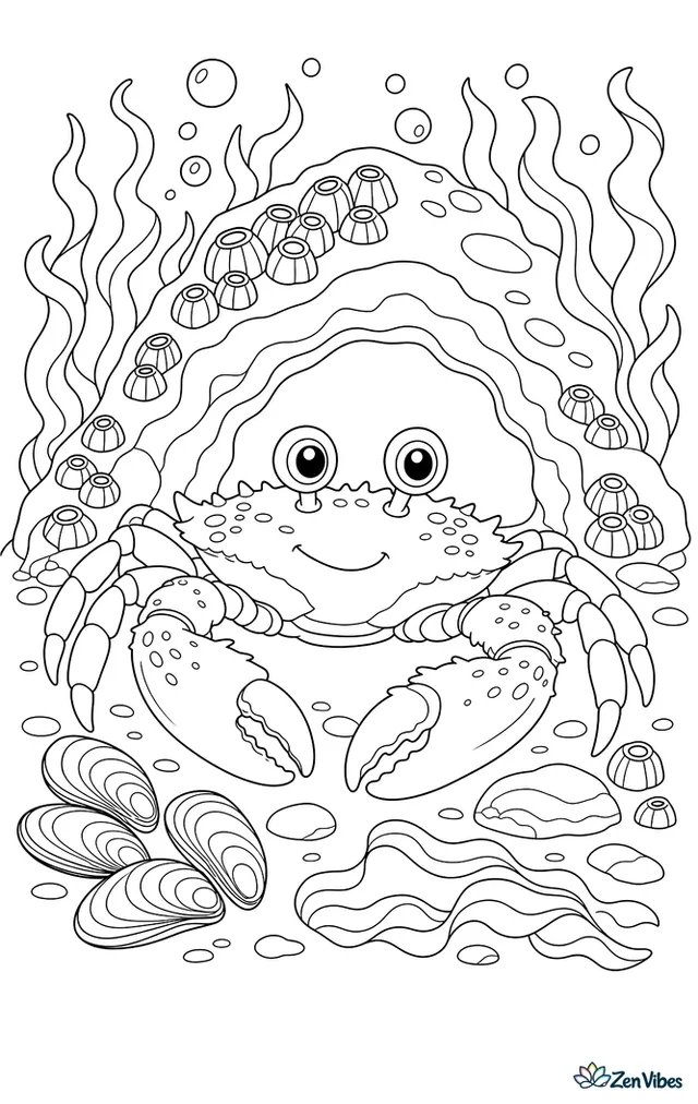 A velvet swimming crab pauses beside a low sea cave entrance, surrounded by mussels, barnacles, drifting kelp ribbons, and bubbles moving through clear coastal water.
