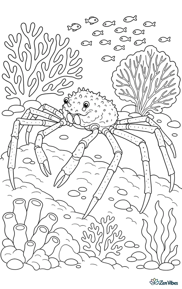 A Japanese spider crab walks across a deep seafloor ridge, with branching coral, a sea fan, scattered stones, and a school of tiny fish overhead.