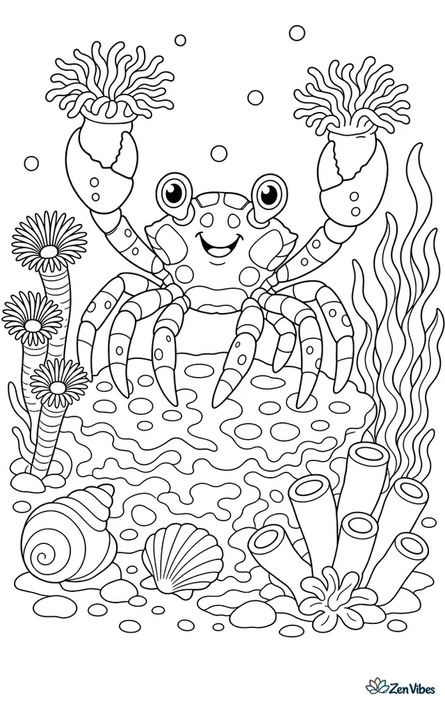 A boxer crab holds tiny anemones in its claws while standing on a coral patch, with tube worms, shells, and waving algae around the colorful reef floor.