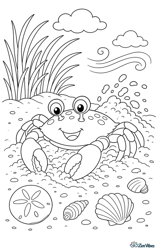 A moon crab digs into dry beach sand near dune grass, tossing little mounds behind as a sand dollar, tiny shells, and wind lines decorate the shore.