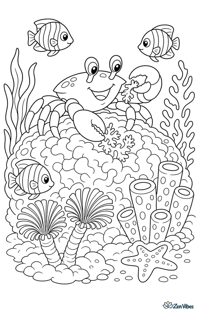 A red reef crab picks bits of algae from a coral head, while feather duster worms, sea sponges, and striped fish create a busy tropical underwater setting.