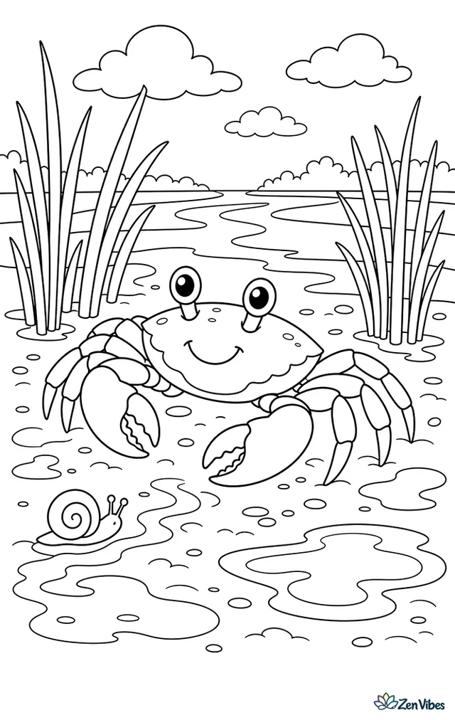 A marsh crab crosses a muddy flat among cordgrass stems, shallow puddles, snail trails, and little reed shadows, with distant water channels winding behind it.