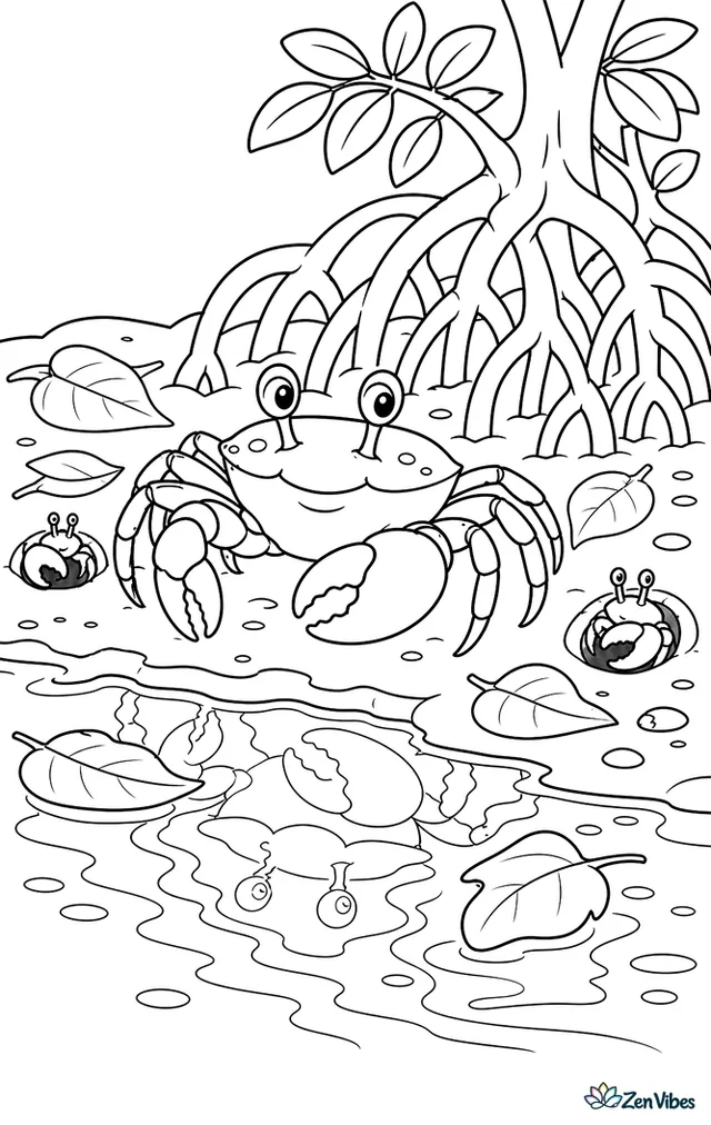 A sentinel crab patrols the edge of a mangrove pool, surrounded by fallen leaves, arching roots, fiddler crab burrows, and reflections in still water.