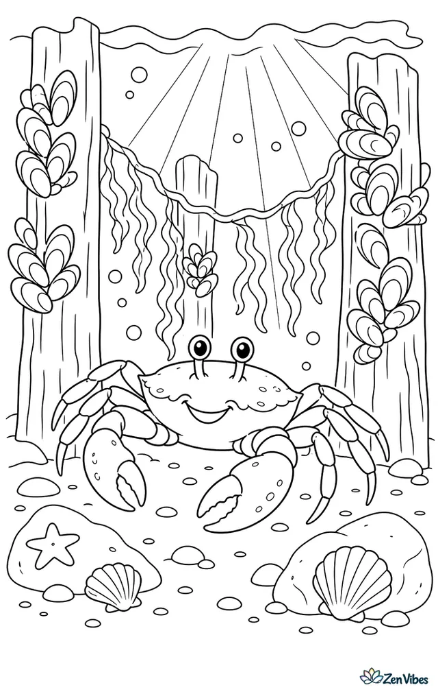 A European shore crab scuttles among wooden pier pilings underwater, where mussels cluster on posts, seaweed drapes between them, and sunbeams streak through the water.