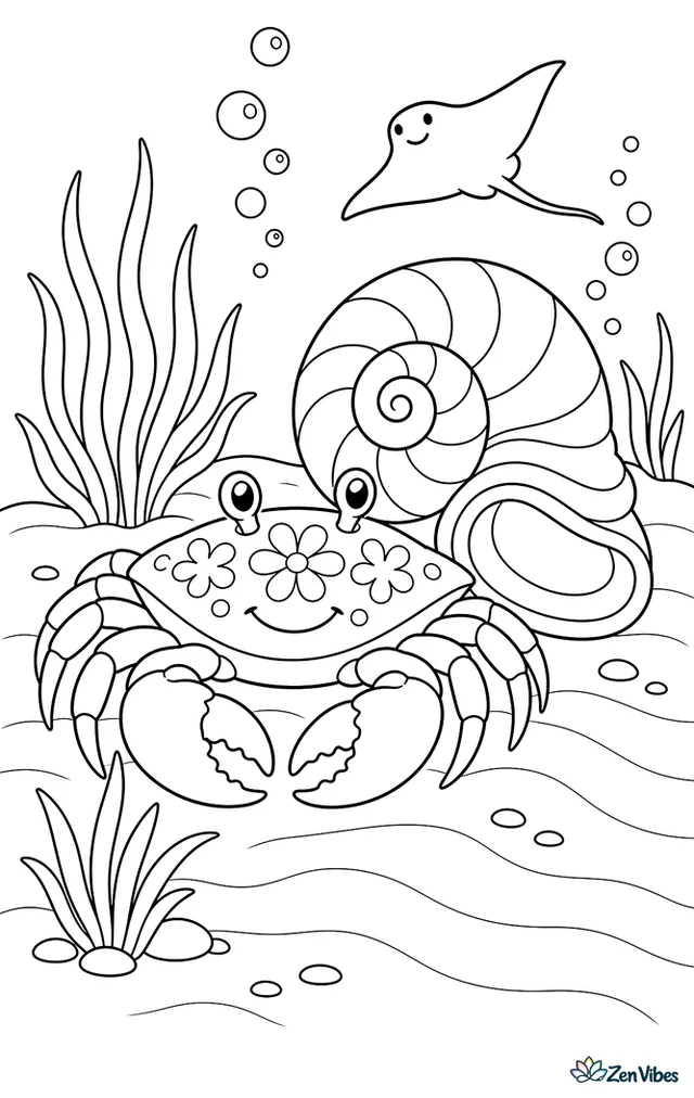 A flower moon crab rests beside a moon snail shell on rippled sand, with sparse seagrass, bubble trails, and a small stingray silhouette gliding in the distance.
