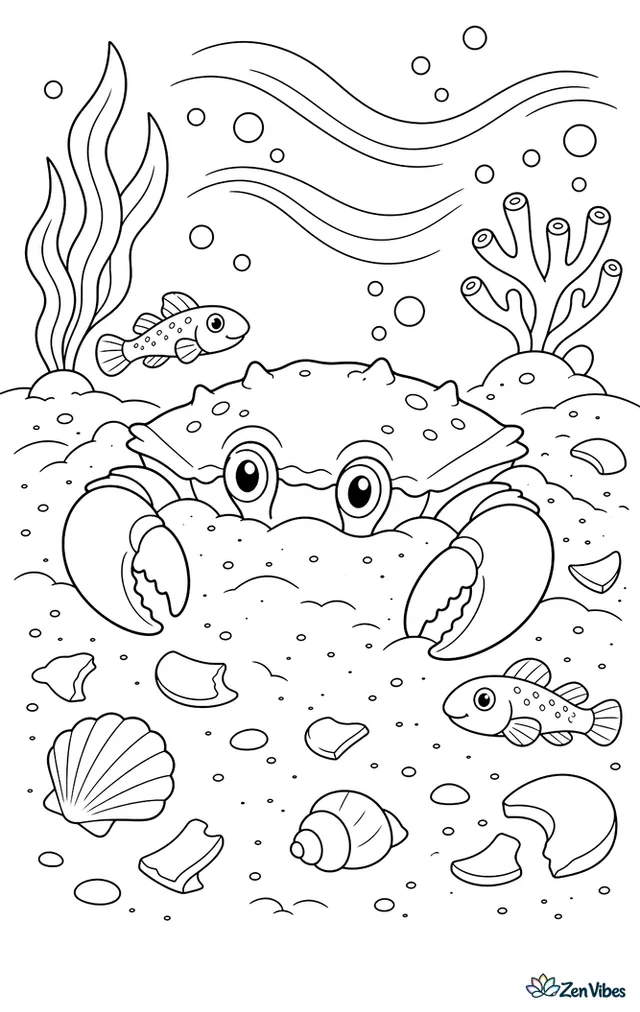 A spanner crab partly buries itself in soft seabed sand, leaving eyes and claws visible while shell fragments, tiny gobies, and current lines sweep around it.