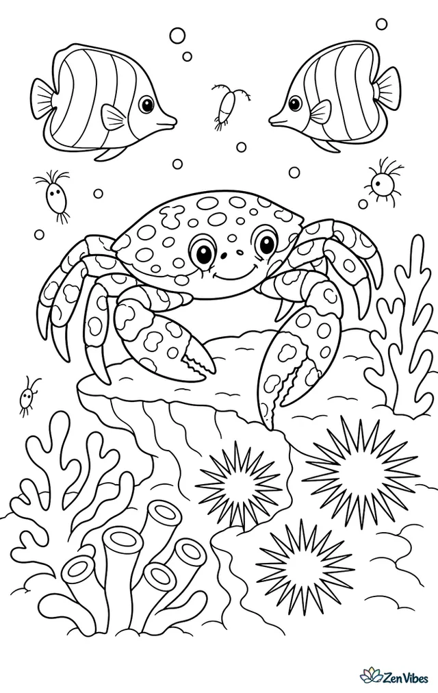 A leopard crab steps over a coral ledge dotted with sea urchins, branching coral, and drifting plankton, while two butterflyfish circle above the reef.