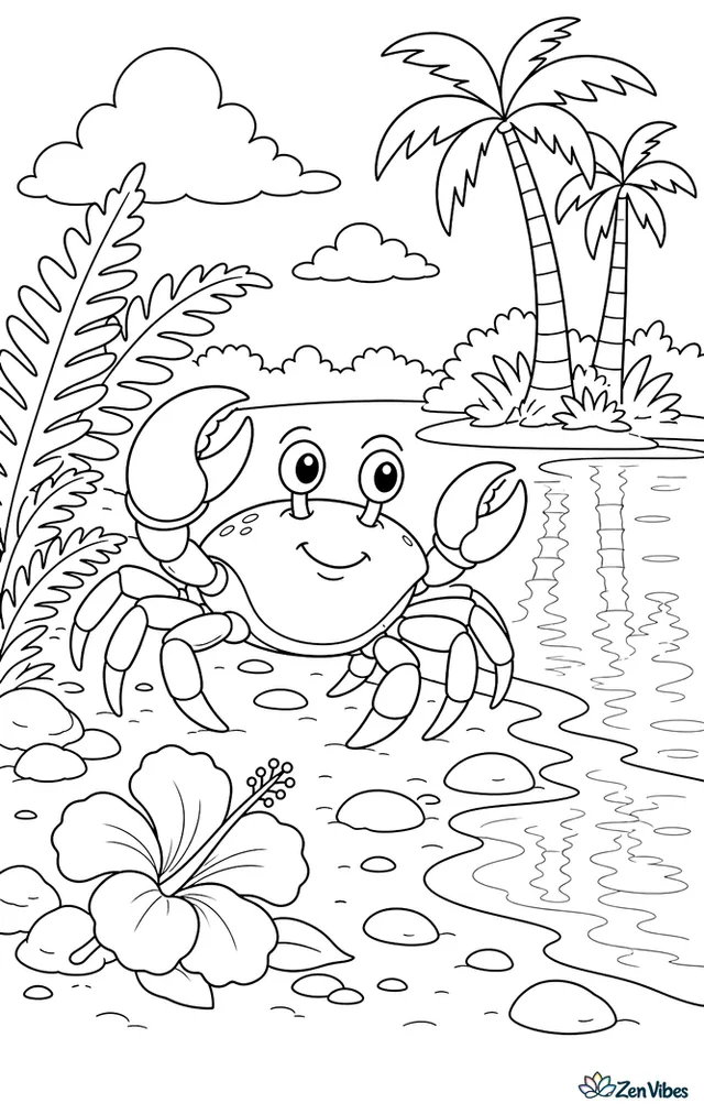 A blue land crab walks beside a tropical lagoon path, passing ferns, stones, a fallen hibiscus blossom, and shallow water reflecting nearby palm trunks.