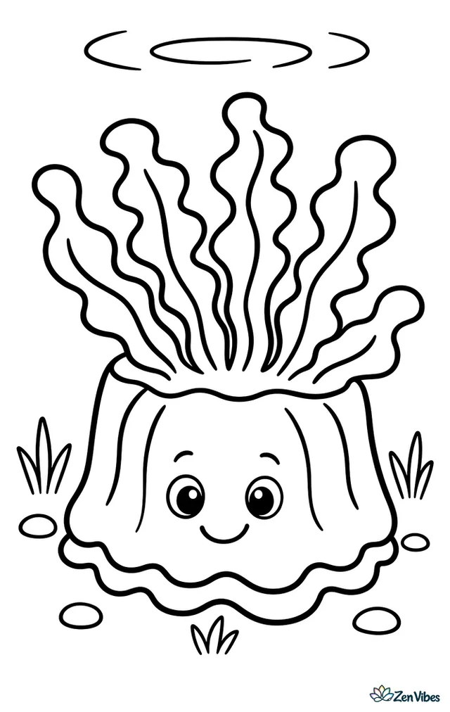 An upside-down jellyfish rests on a shallow lagoon floor, its frilly arms raised like petals, with a few pebbles, short sea grass tufts, and gentle ripples above.