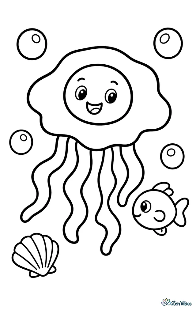 A fried egg jelly floats slowly through open water, surrounded by four round bubbles, a small shell on the seafloor, and one tiny fish swimming nearby.