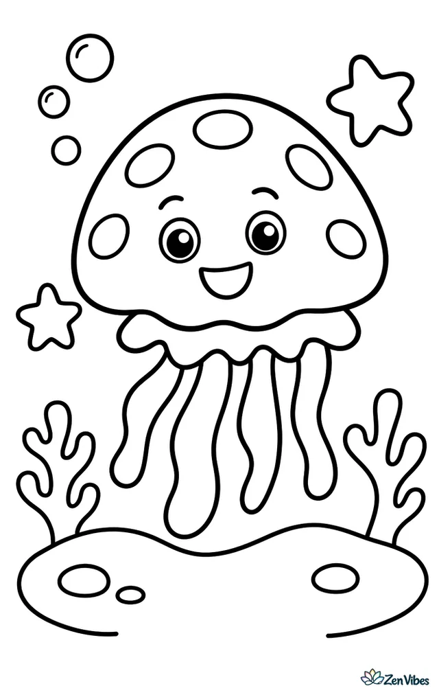 A mushroom cap jelly glides over a smooth sandy bottom, with two star shapes, three bubbles, and a pair of simple coral branches in the background.