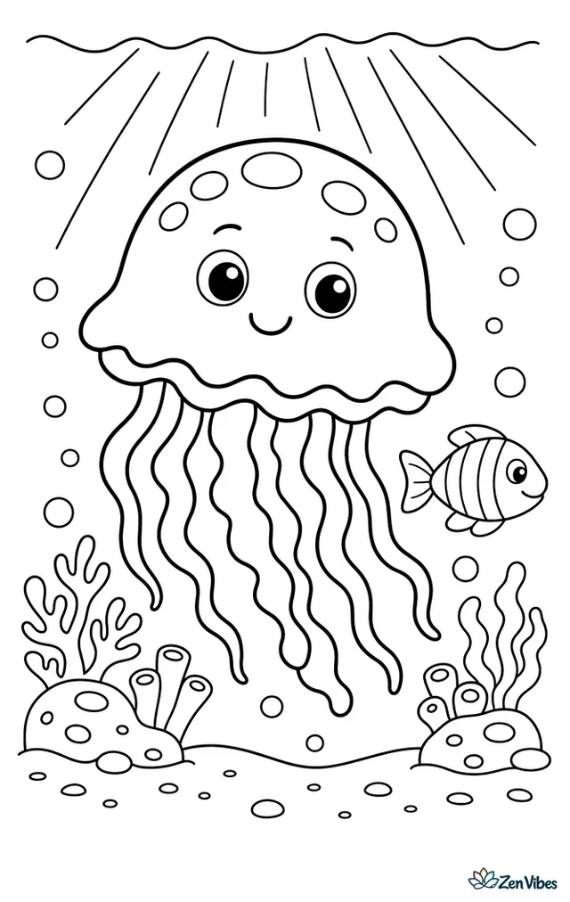 A blue blubber jellyfish cruises above a sandy reef, with small coral mounds, drifting bubbles, a striped fish passing behind, and light rays shining down from the surface.
