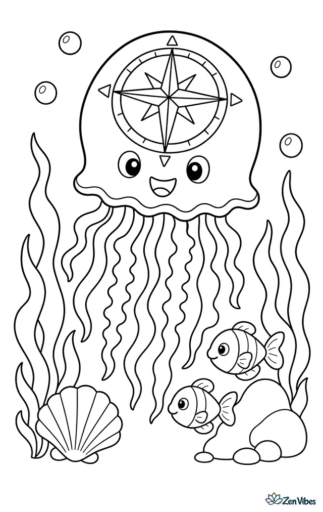 A compass jellyfish swims through a gentle current, its marked bell centered among curling seaweed, five bubbles, a scallop shell, and two little fish near a rock.