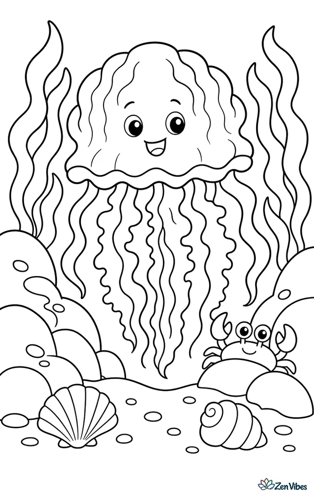 A cabbagehead jellyfish bobs in a quiet cove, framed by rounded rocks, waving kelp ribbons, a sandy floor with shells, and a small crab peeking out.